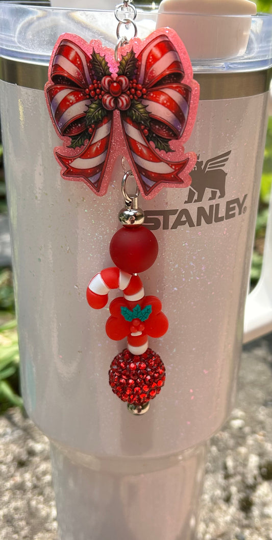 Candy Cane Bow Straw Topper Dangle Charm